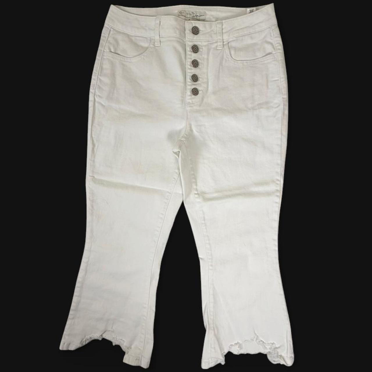 Est. 1946 Denim White Cropped Flare Jeans Size 10 Button Fly Raw Hem Stretch